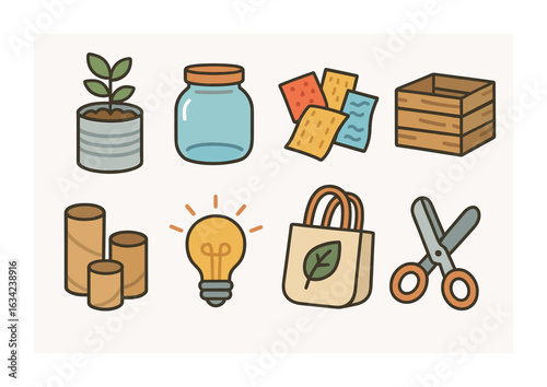 Upcycling Project Icons. Flat vector mini-illustrations upcycling projects in colors children's illustrations: