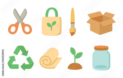 Eco Workshop Icons. Flat vector mini-illustrations creative eco workshops in colors children's illustrations: