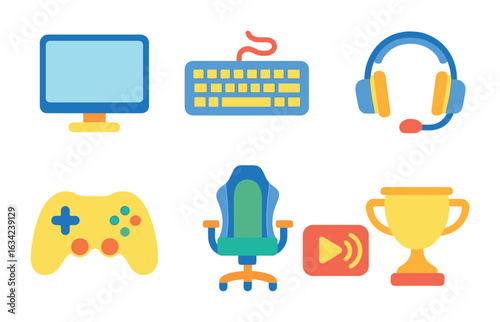 Gamer Gear Icons. Flat vector mini-illustrations professional gamer gear in colors children's illustrations: