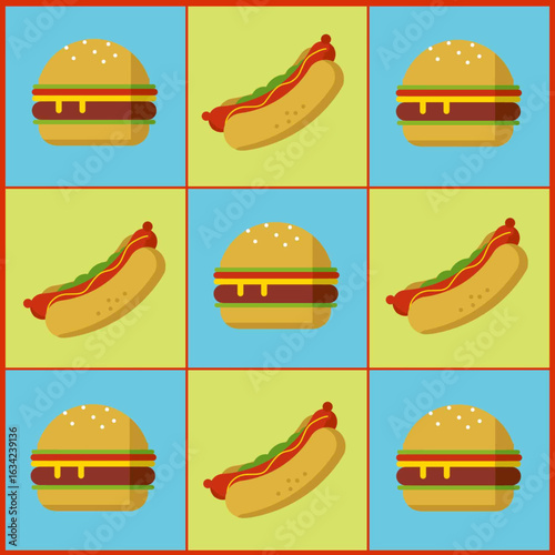 Flat illustration of hamburgers and hotdogs arranged in a colorful 3x3 grid pattern, using bright blue, yellow, and red backgrounds in a playful, fast food-themed design.