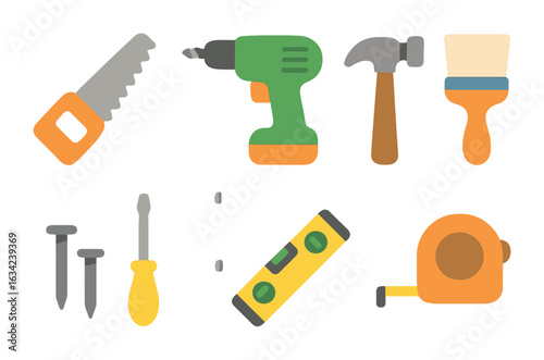 Children's Tool Icons. Flat vector mini-illustrations backyard fence tools in colors children's illustrations: