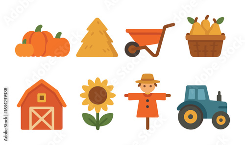 Autumn Harvest Icons. Flat vector mini-illustrations autumn harvest festival in colors children's