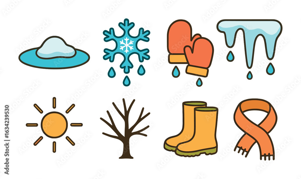 Fototapeta premium Spring Thaw Icons. Flat vector mini-illustrations snow turning into water in colors children's illustrations: