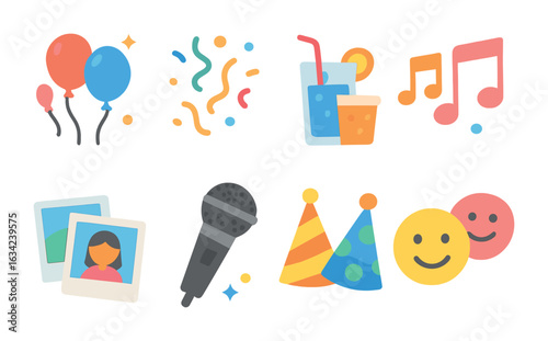 After-Party Fun Icons. Flat vector mini-illustrations after-party memories in colors children's illustrations: