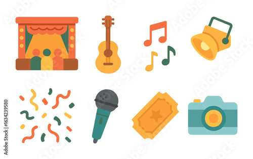 Concert Icons Recap. Flat vector mini-illustrations music concert recap in colors children's illustrations: