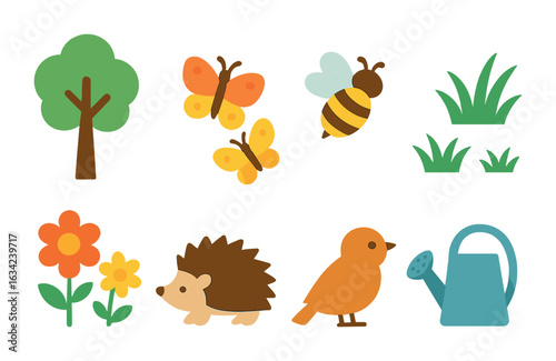 Children's Nature Grid. Flat vector mini-illustrations city green corridors in colors children's illustrations