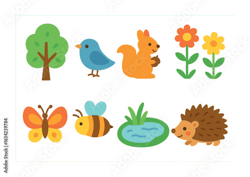 Colorful Urban Park Icons. Flat vector mini-illustrations urban parks with biodiversity in colors children's
