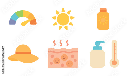 UV Protection Icons. Flat vector mini-illustrations UV rays and skin damage in colors children's illustrations
