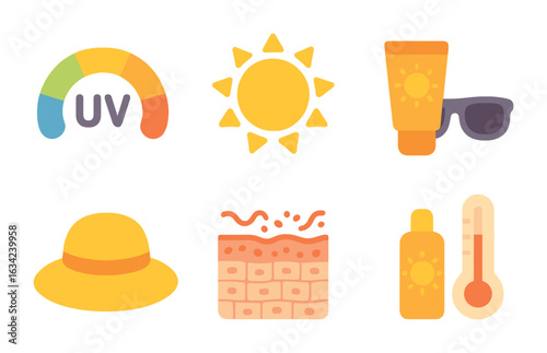 UV Protection Icons. Flat vector mini-illustrations UV rays and skin damage in colors children's illustrations