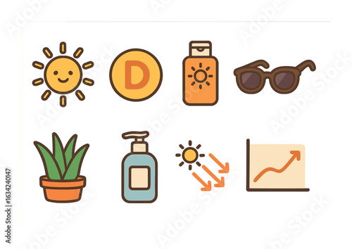 Sunlight_ Benefits and Risks. Flat vector mini-illustrations benefits and risks of sunlight in colors children