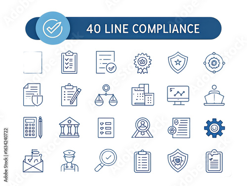 A collection of blue and white line icons representing compliance and regulatory themes on a black background