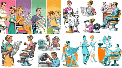 Classic vintage-style illustration of barber shop scenes with hairstyling, shaving, and customers reading newspapers.