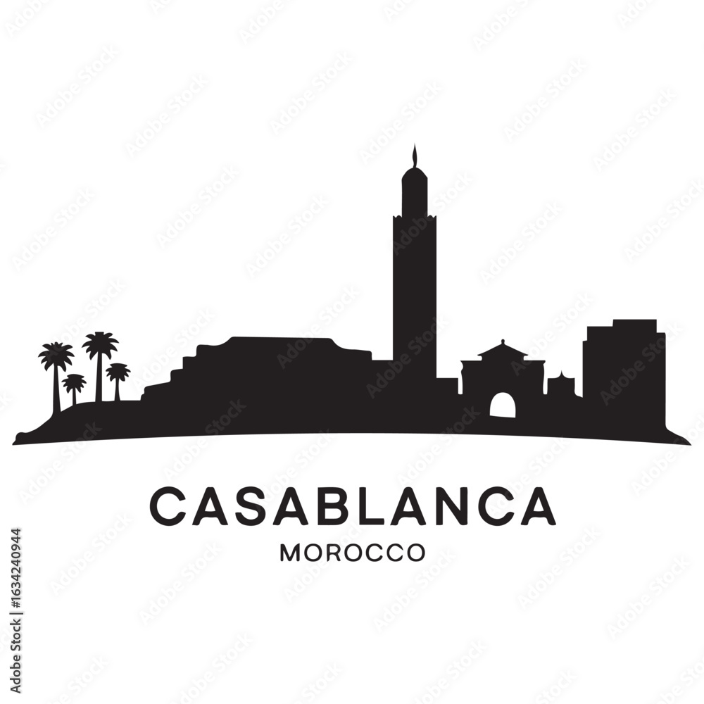 Obraz premium Casablanca skyline silhouette. Landscape Casablanca, Morocco. Vector illustration. Vector black silhouette. with white background.