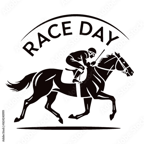 Horse racing event silhouette with text Race Day jockey