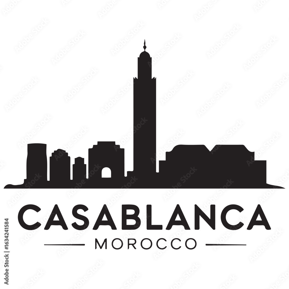 Fototapeta premium Casablanca skyline silhouette. Landscape Casablanca, Morocco. Vector illustration. Vector black silhouette. with white background.