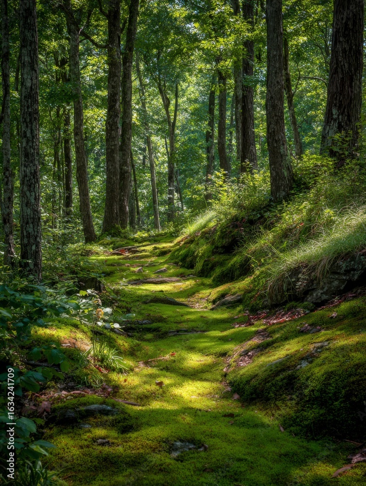 Fototapeta premium Sunlit Mossy Forest Trail