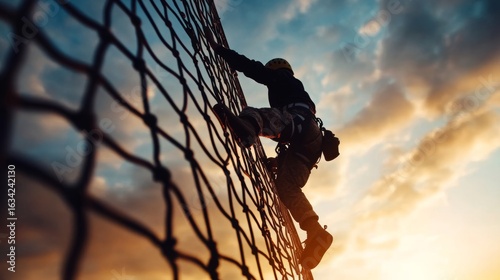 Obstacle course: soldier climbing net wall, dramatic sky in background,