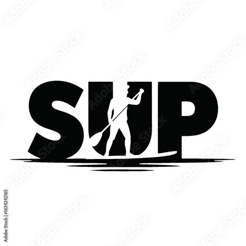 Silhouette of person paddleboarding with SUP text