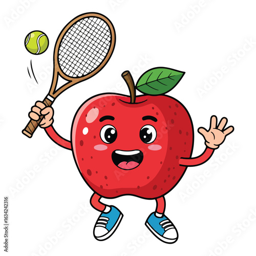 Cartoon apple playing tennis with racket and tennis ball