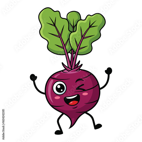Cartoon beetroot character winking with arms and legs out