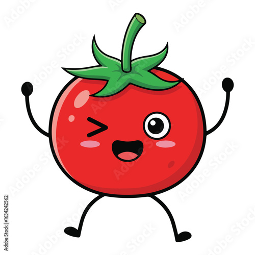 Cartoon tomato character winking with arms and legs raised