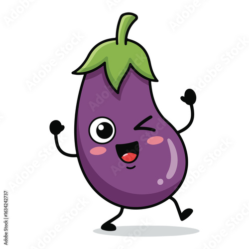 Cartoon eggplant character winking and raising its arms