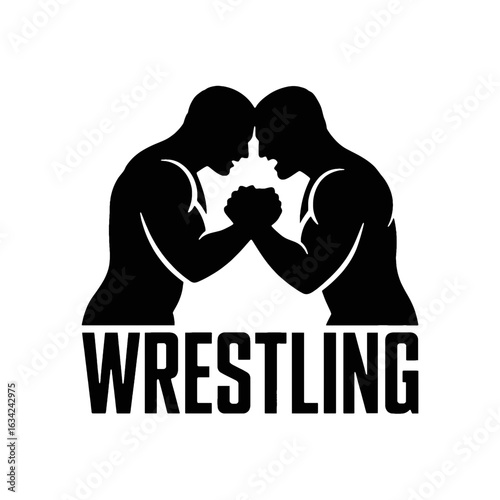 Two silhouetted men arm wrestling with word WRESTLING