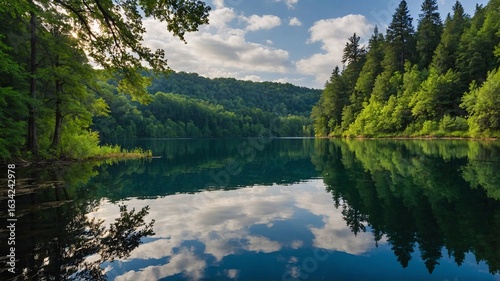 A tranquil lake scene, featuring lush greenery and a clear blue sky reflected in the still waters.