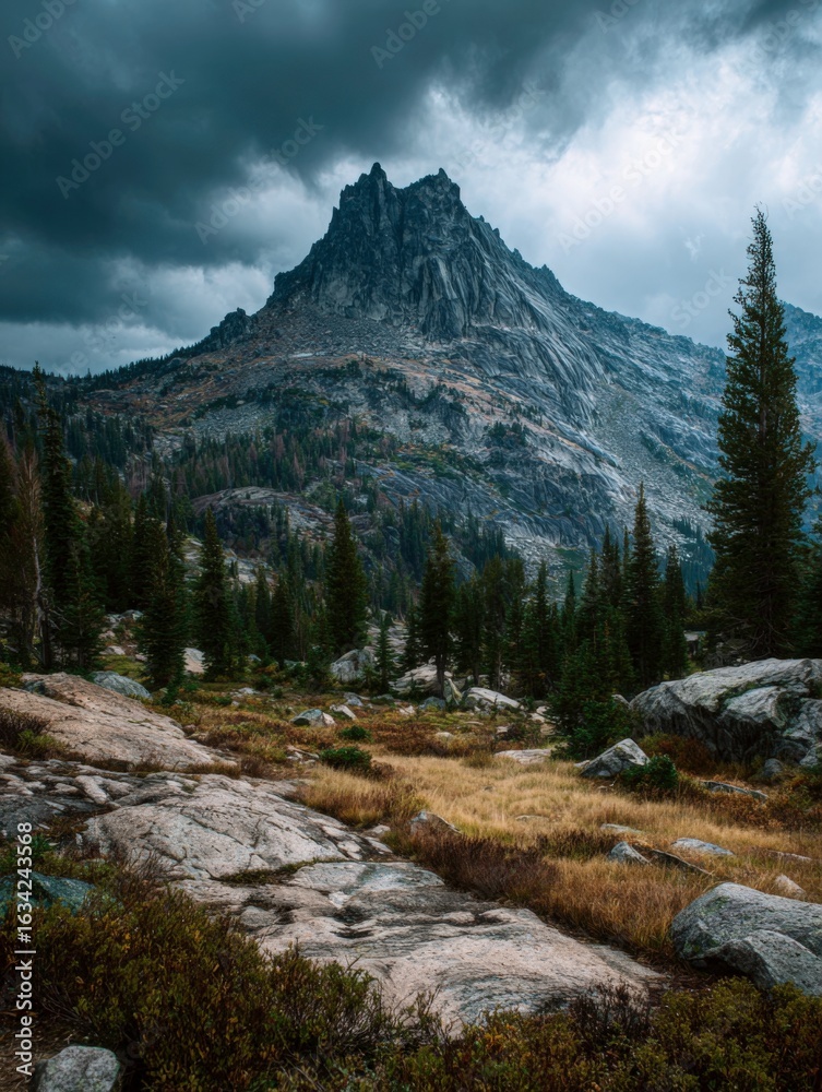 Obraz premium Majestic mountain peak under a dramatic cloudy sky
