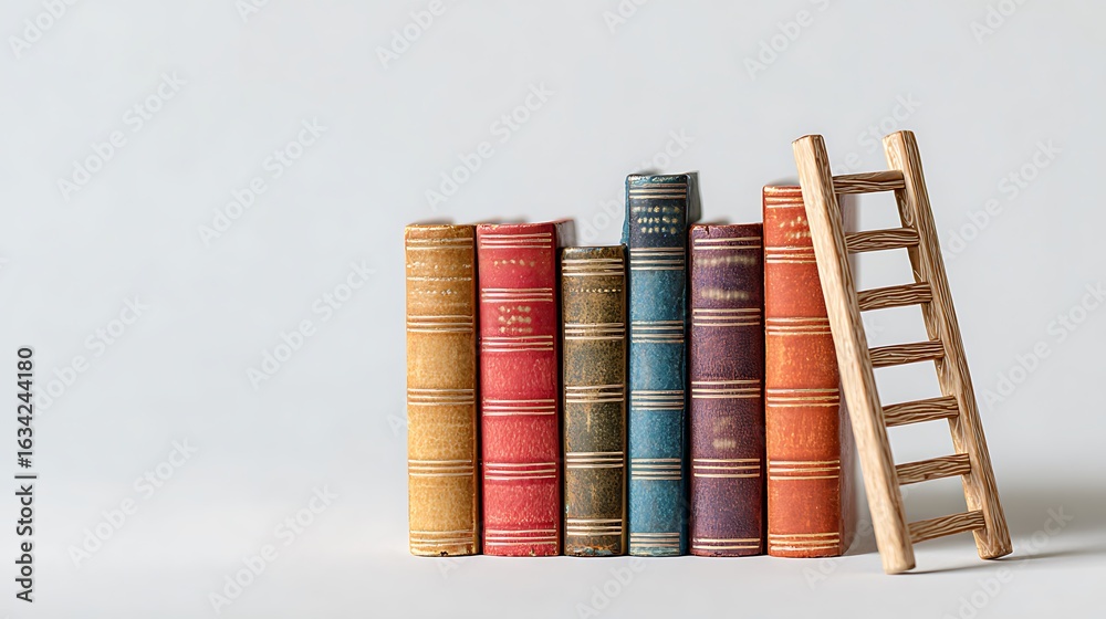 Naklejka premium Miniature ladder leaning against a row of colorful books isolated on white background