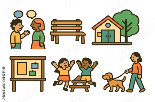 Neighborhood Unity Icons. Flat vector mini-illustrations community-building and neighborhood groups in colors
