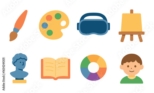 Virtual Art Class Icons. Flat vector mini-illustrations virtual art classes in colors children's illustrations
