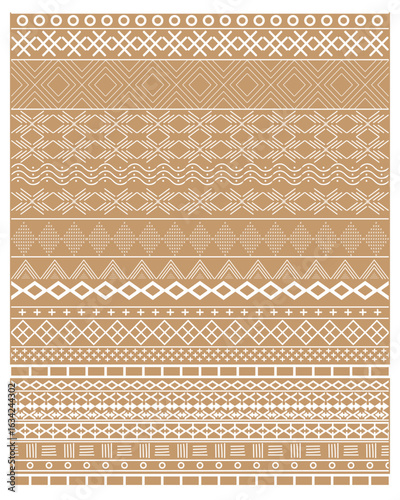 A series of repeating geometric  line art patterns in white on a warm beige background, showcasing a variety of designs like lines, shapes, and textures.