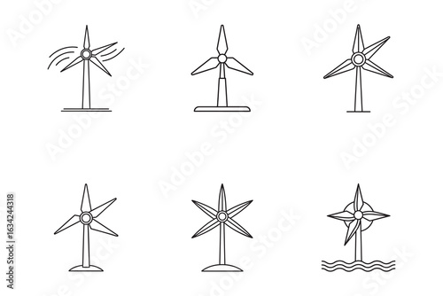 Wind Turbine Icons Line Art Collection Renewable Energy and Sustainable Development Technology for Clean Power Generation Solutions