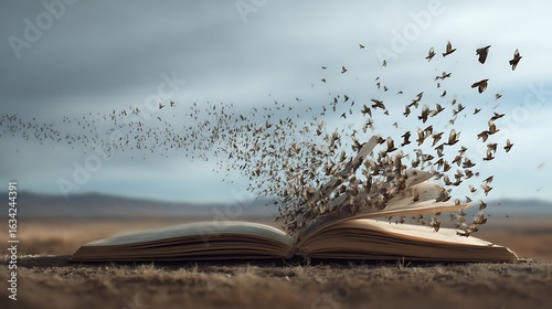 Birds fly from an open book in a field, a surreal and imaginative scene