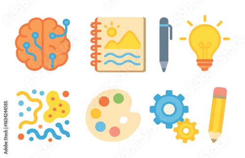 Creative Tools Icons. Flat vector mini-illustrations generative design tools in colors children's