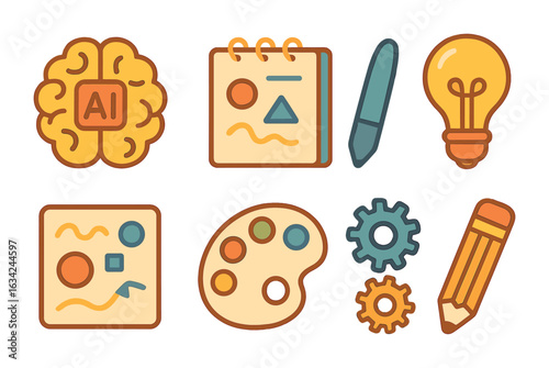 Creative Tools Icons. Flat vector mini-illustrations generative design tools in colors children's