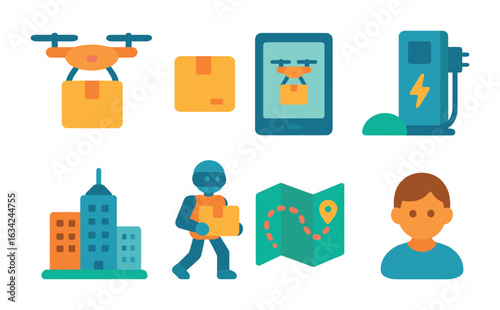 Drone Delivery Icons. Flat vector mini-illustrations delivery drones in cities in colors children's
