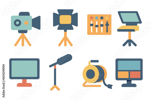 Child's TV Equipment Icons. Flat vector mini-illustrations live TV show equipment in colors children's