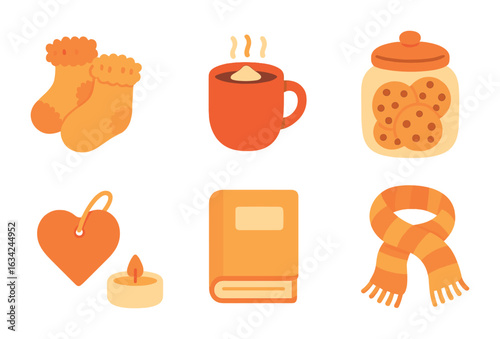 Cozy Gift Icons. Flat vector mini-illustrations warm and fuzzy gifts in colors children's illustrations: fuzzy