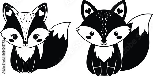 Two Adorable Black and White Foxes with Heart Accents Bring a Touch of Whimsical Charm