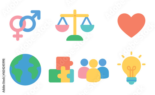 Equality Symbols Grid. Flat vector mini-illustrations gender equality initiatives in colors children's