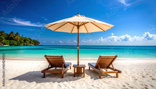 Wallpaper Mural Tropical beach scene with umbrella and chairs Torontodigital.ca