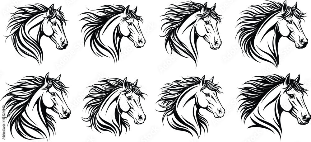 Elegant Horse Head Illustrations A Collection of Black and White Vector Designs for Equestrian and Art Enthusiasts