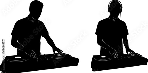 Silhouette of DJ mixing music on turntables. Clipart image isolated on background.

