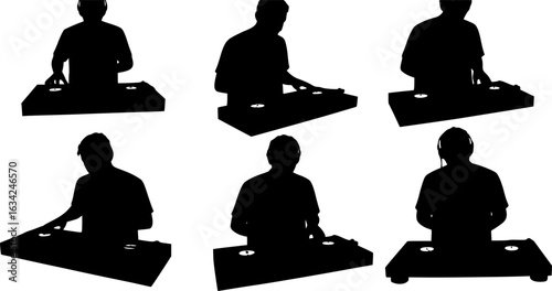 Silhouette of DJ mixing music on turntables. Clipart image isolated on background.
