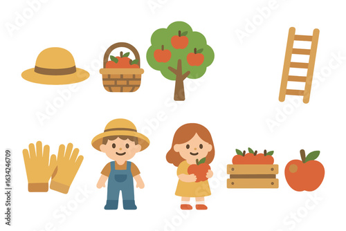 Farm Life Icons. Flat vector mini-illustrations farm life harvest in colors children's illustrations: farmer