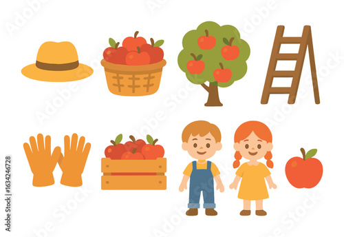 Farm Life Icons. Flat vector mini-illustrations farm life harvest in colors children's illustrations: farmer