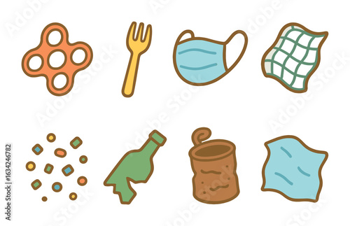 Ocean Waste Icons. Flat vector mini-illustrations of harmful ocean waste in colors children's illustrations: