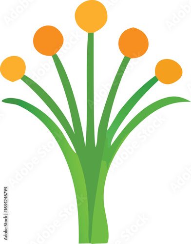 A vibrant illustration of a small bouquet of five blooming yellow flowers with slender green stems and leaves on a white background